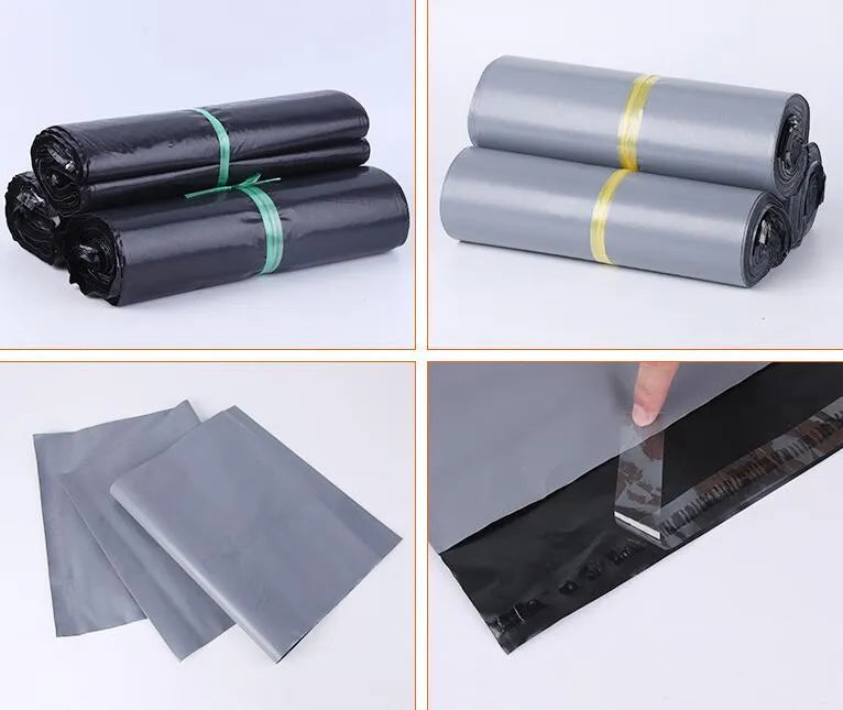 Bundle of 100 clear PE plastic courier bags with adhesive seals in various sizes on a white background.