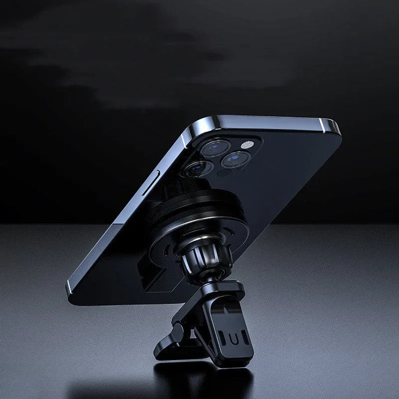 Black and white magnetic wireless charger with phone stand function showing compact dimensions