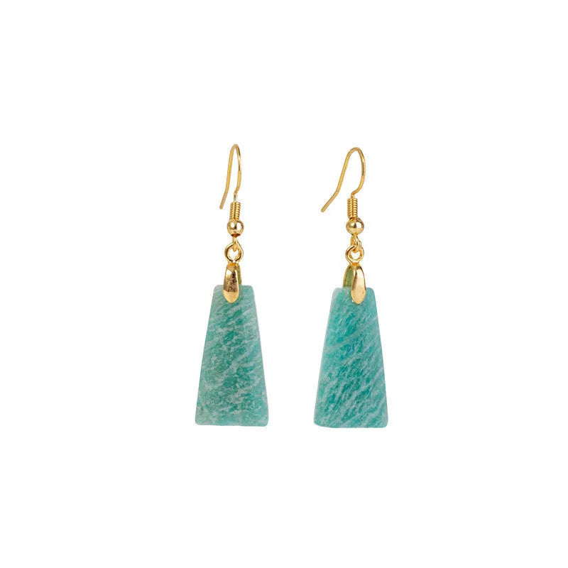 Amazonite rough stone trapezoid earrings with geometric octagon design in gold colour