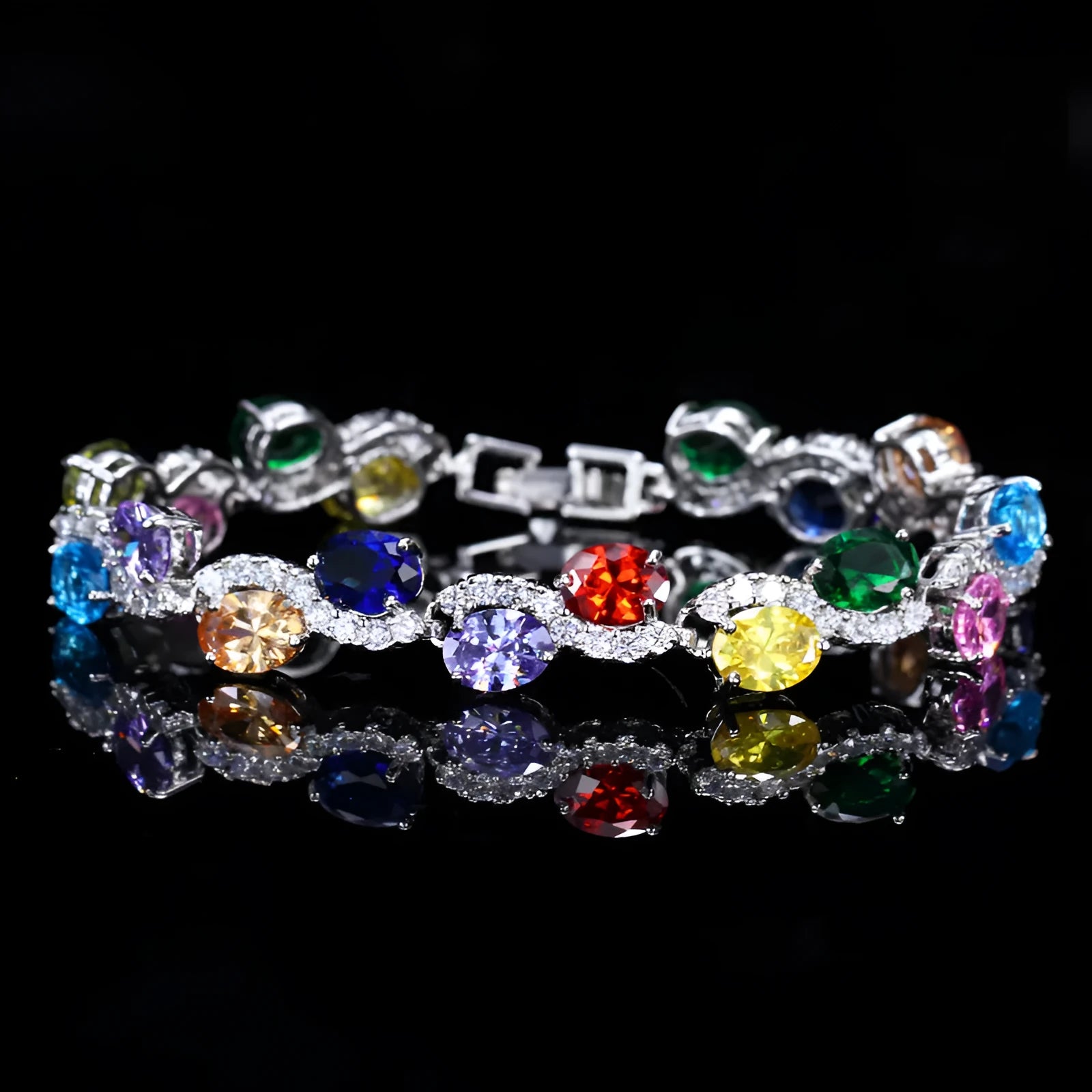Copper gold plated women's bracelet with white gold colour finish and inlaid AAA zircon stones on a geometric band.
