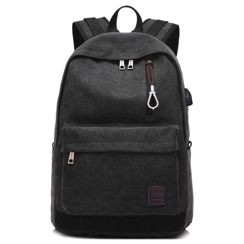 Canvas backpack with USB charging port and shoulder straps in khaki colour.