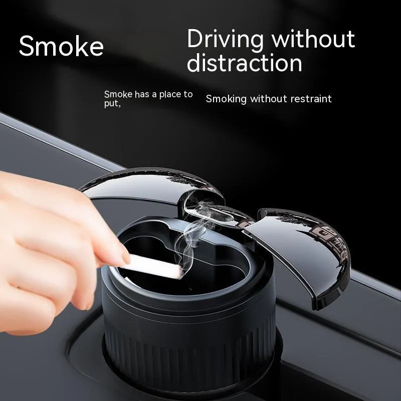 Black metal smart car ashtray with lid, showing compact 113mm size for cup holders.