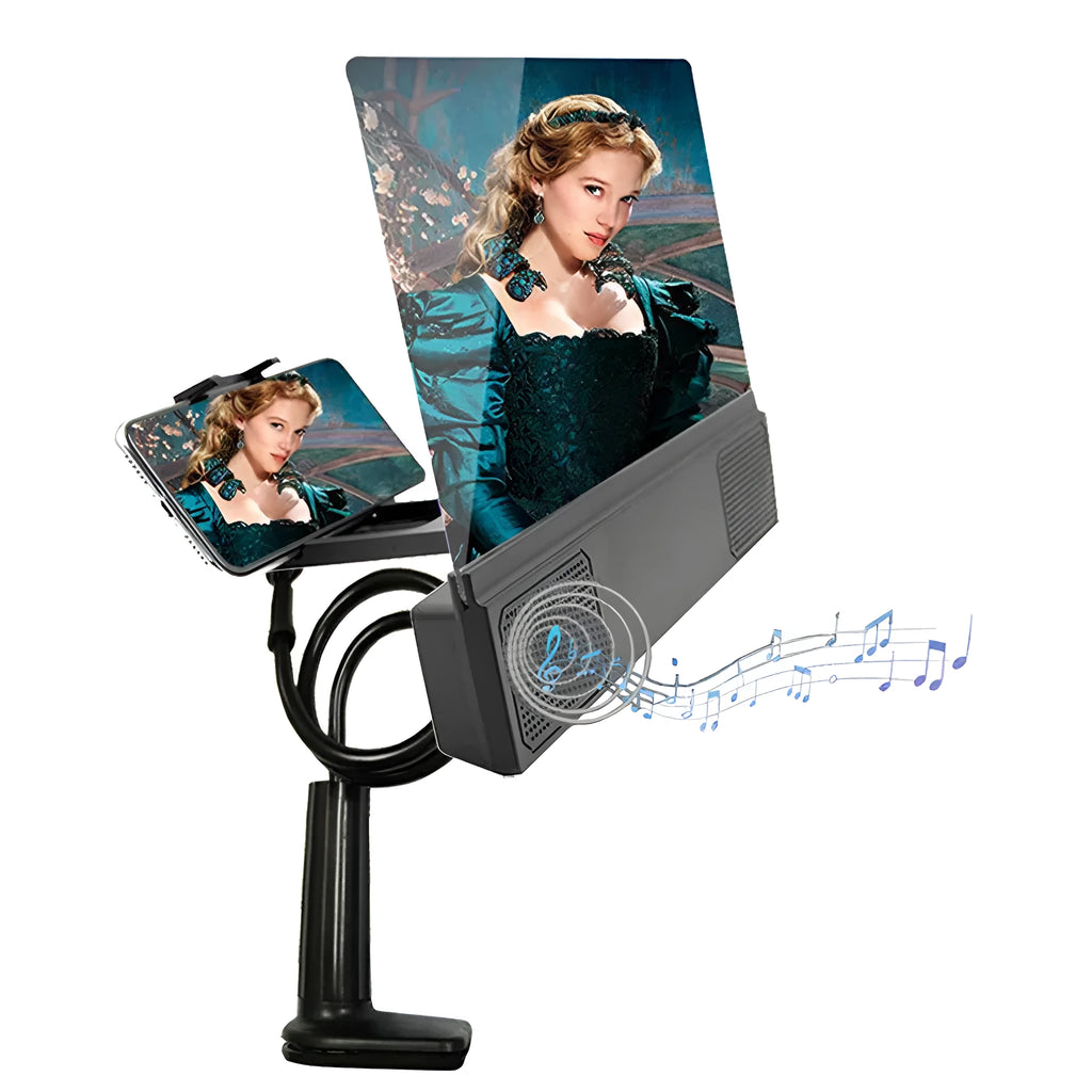 12-inch foldable mobile phone screen amplifier with flexible gooseneck and built-in speakers.