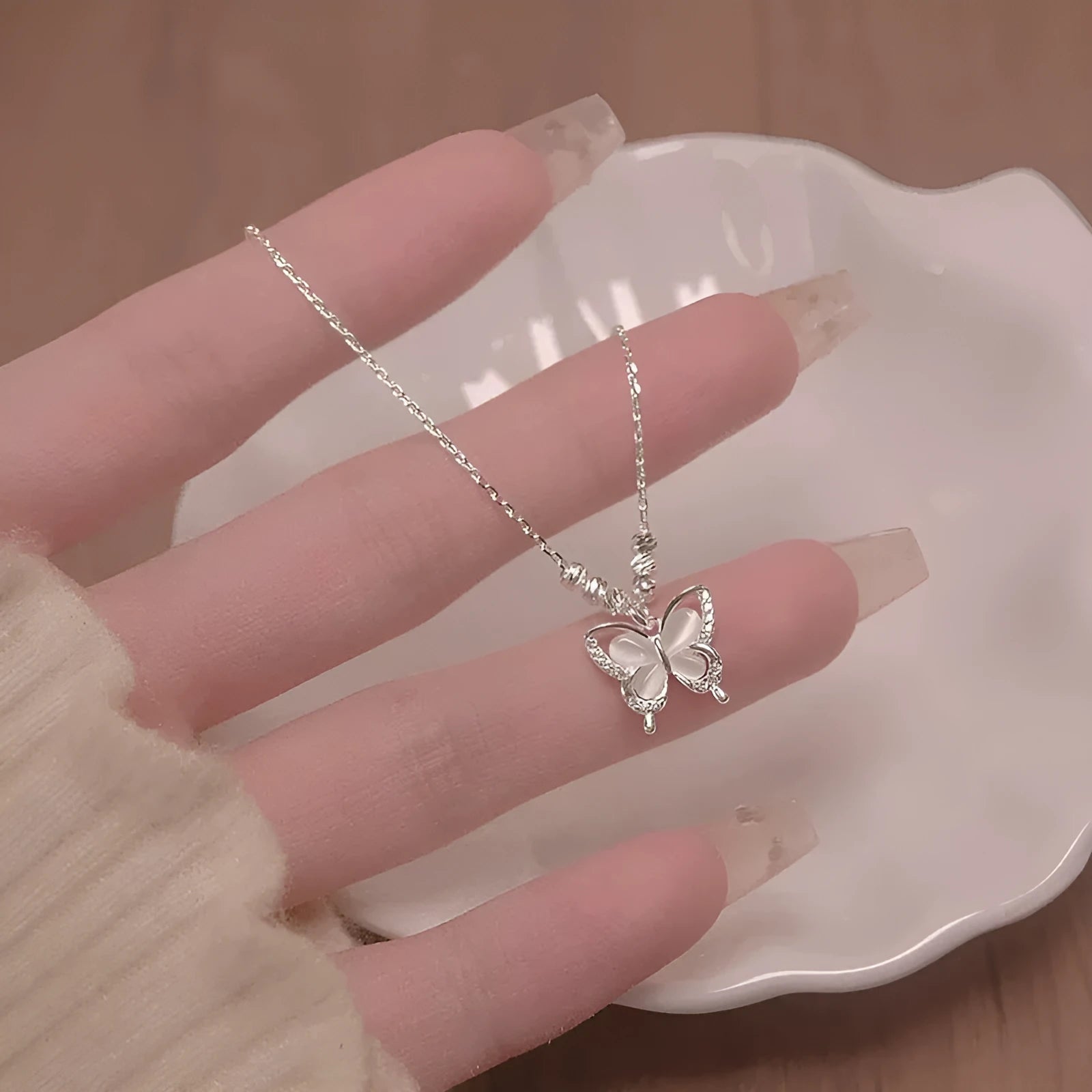 Women's adjustable 925 silver butterfly necklace with square opal pendant on cross chain