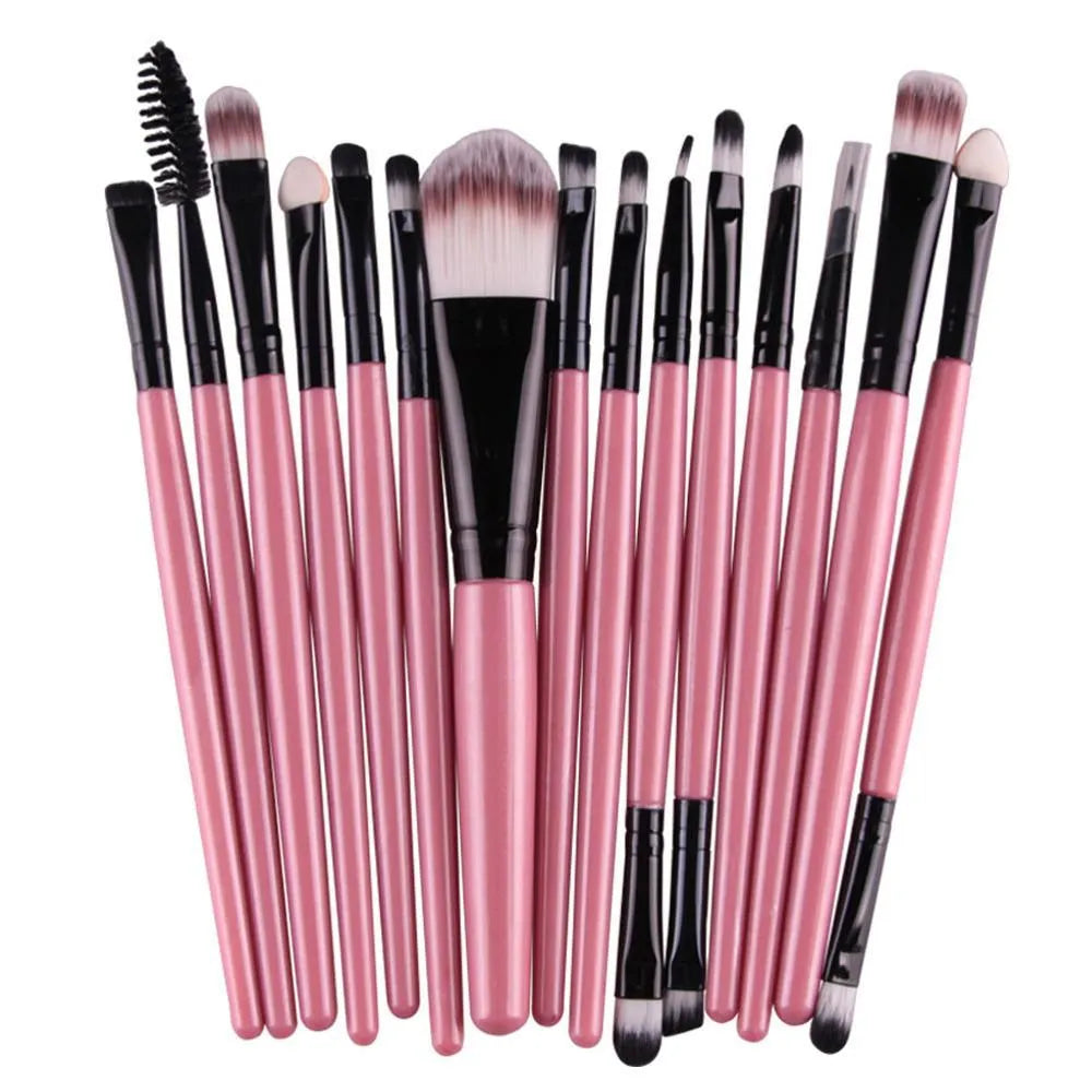 18-piece makeup brush set showing various brush types including fan-shaped brushes for contouring