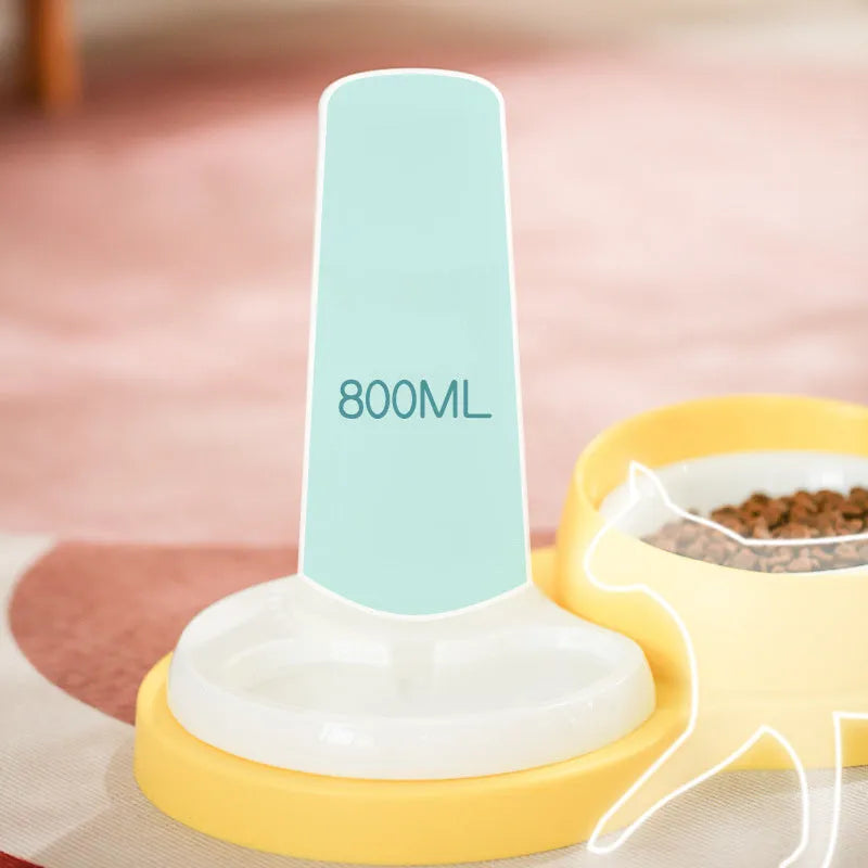 Grey pet double feeding bowl with raised design and non-slip base showing food and water compartments