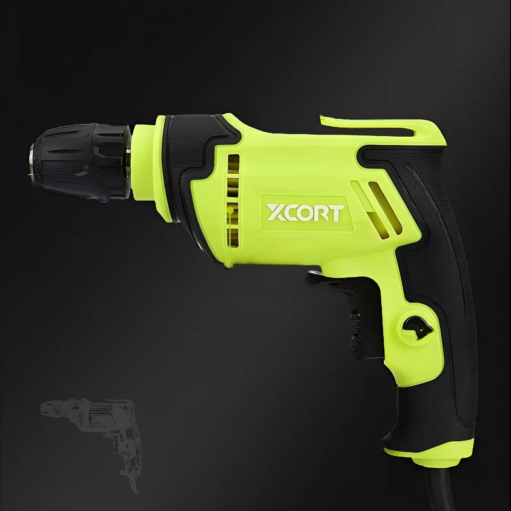 Black and silver pistol grip electric drill with a 10mm chuck on a workbench.