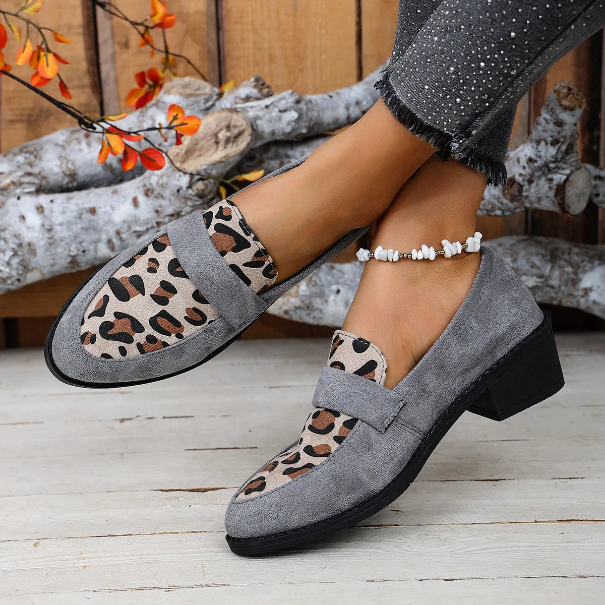 Leopard print suede casual pumps with chunky heel and pointed toe in three colour options