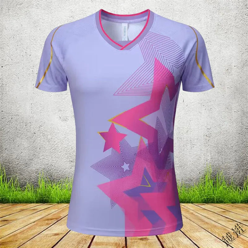 Men's and women's badminton competition sportswear set with short-sleeved polyester jacket and matching trousers.