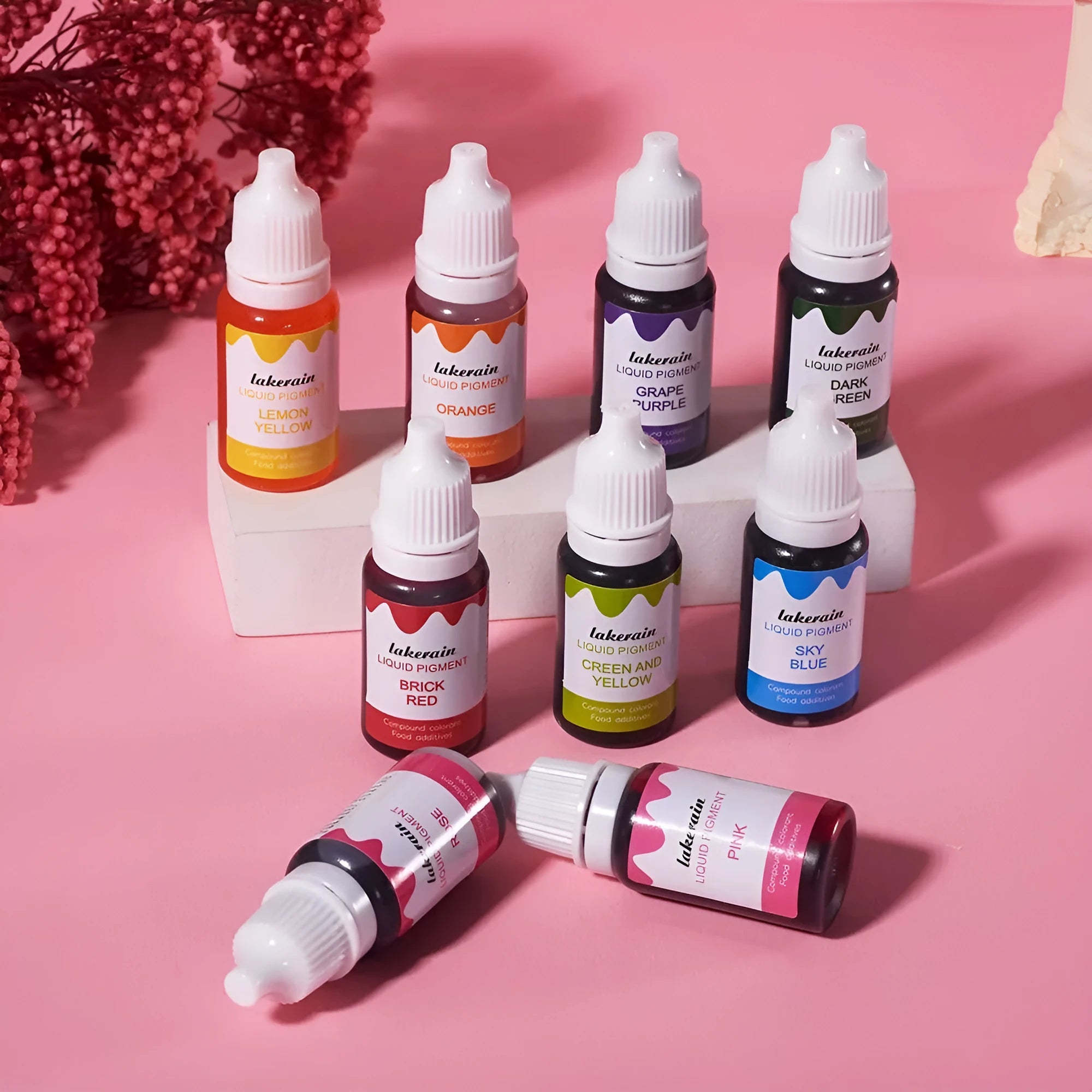 Set of 24 small bottles of pigment for handmade soap and natural food colouring with accessories.
