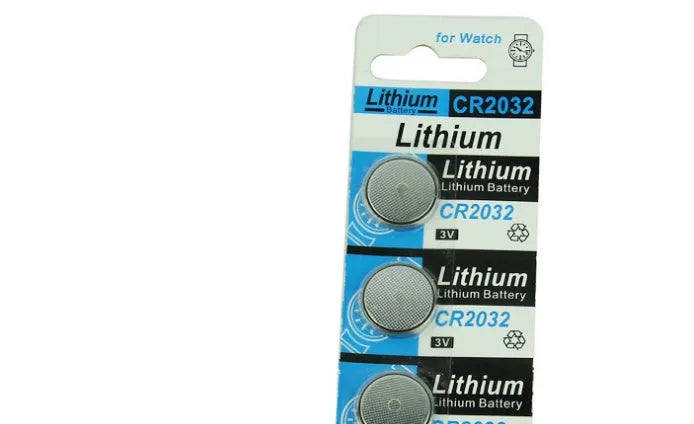 A card of five round, silver CR2032 3V lithium button batteries.