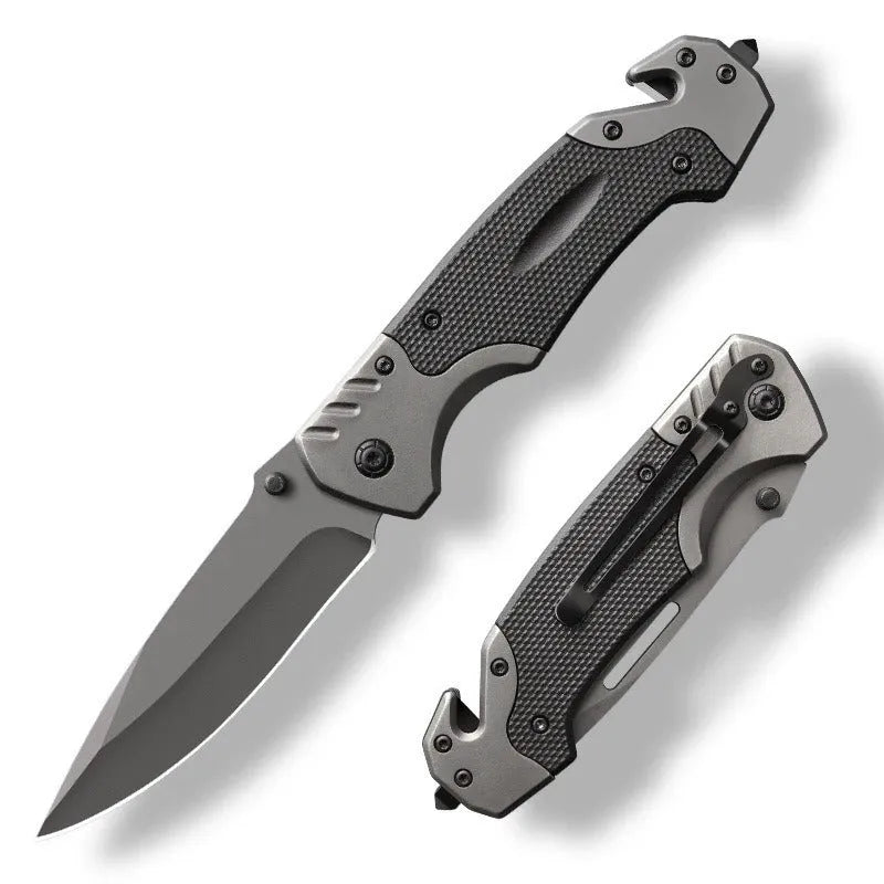 Folding knife with alloy blade and textured handle for outdoor use