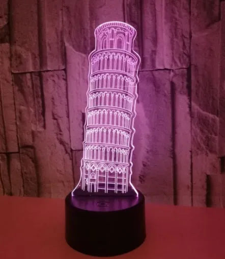 3D acrylic Leaning Tower of Pisa nightlight with colourful LED illumination on black ABS base