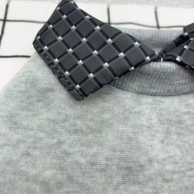 Grey dog sweater with detachable hood collar on small dog showing thin velvet knit polyester construction