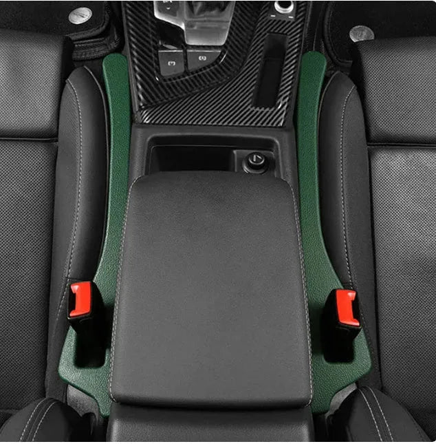 Black polyurethane car seat gap filler strip preventing items falling between vehicle seats