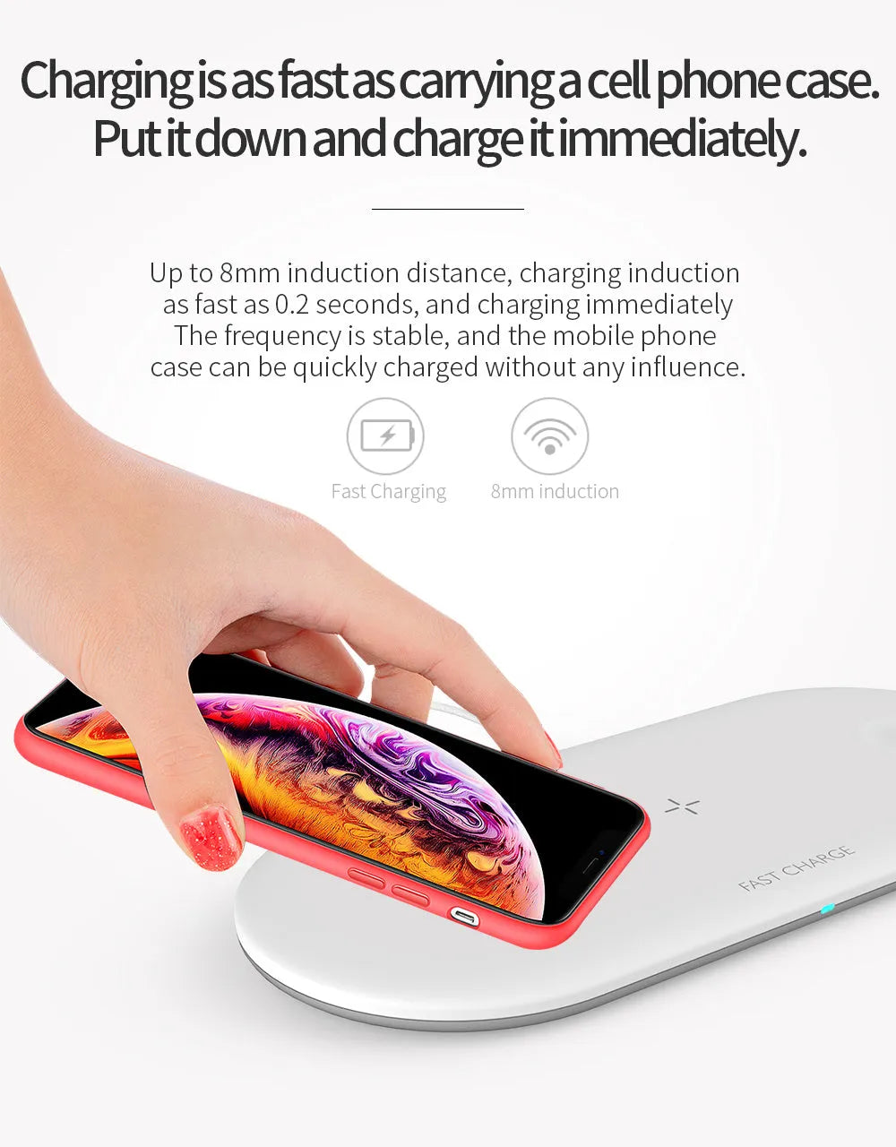 Black 3-in-1 wireless charging station for iPhone, Apple Watch, and earbuds on a wooden desk