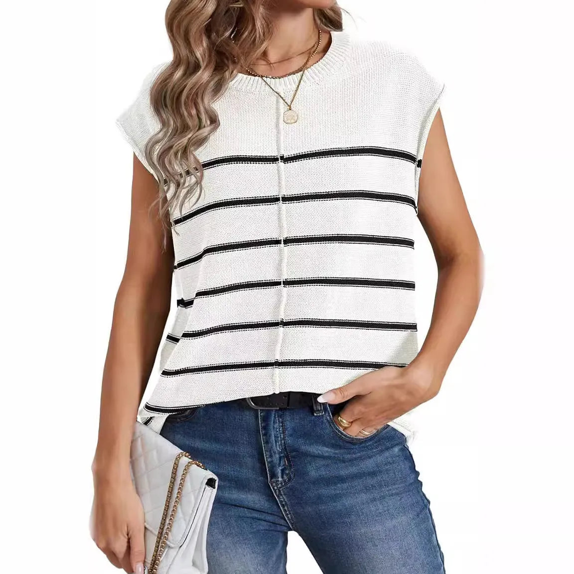 Women's striped sleeveless pullover casual top with bone stitching detail on a hanger