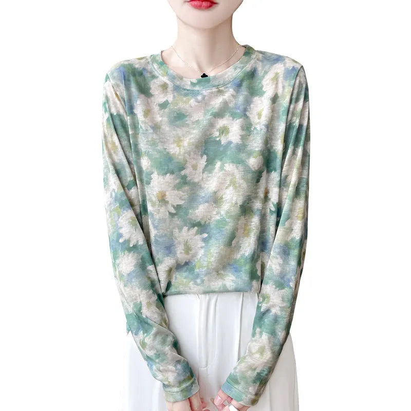 Round neck Tencel cotton pullover shirt with artistic printed design in one of five colour variations