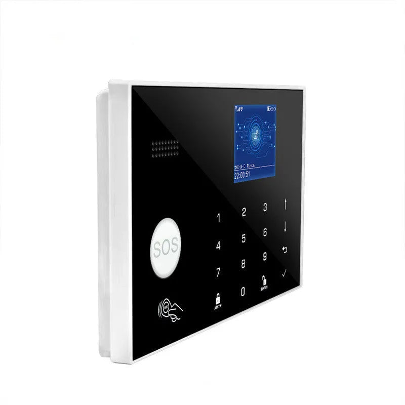 Intelligent WiFi GSM Touch Button Household Alarm Host unit with display and touch controls.