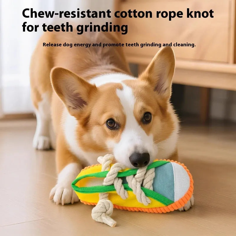 Plastic dog chew toy with sound squeaker in bendable slipper design for dental care