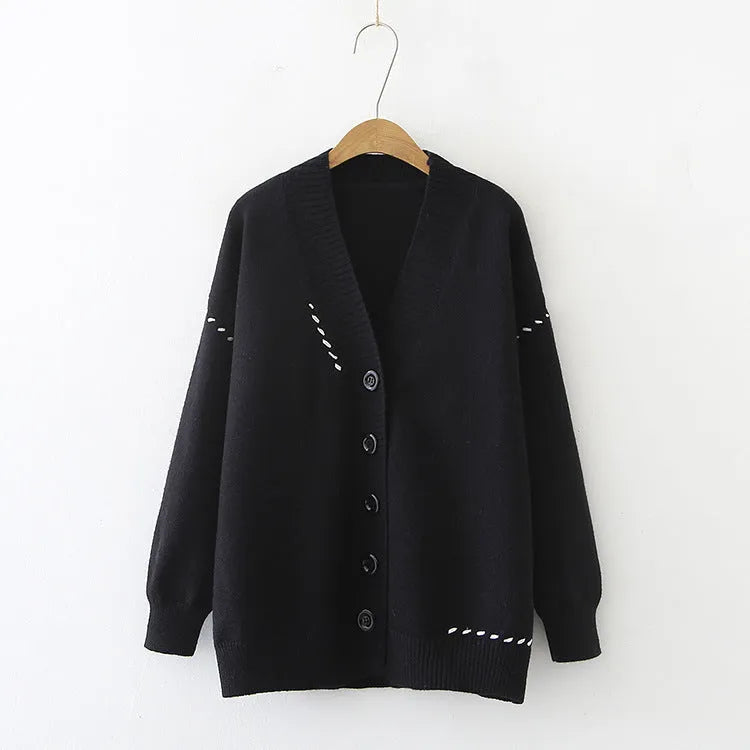 Women's loose fit knitted cardigan coat in black polyester fabric with long sleeves