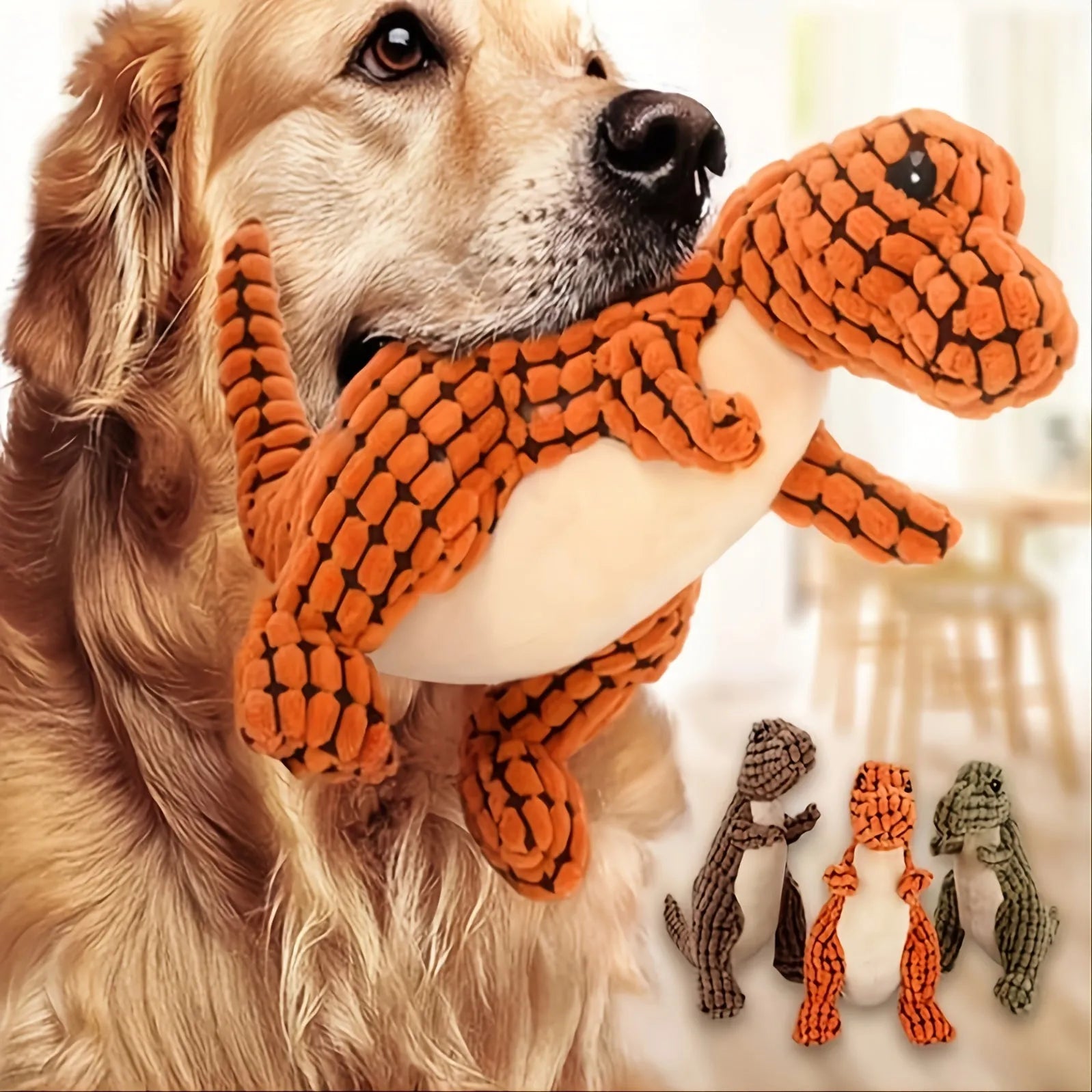 Grey, green, or orange coloured chew-resistant dog toy that produces sound.