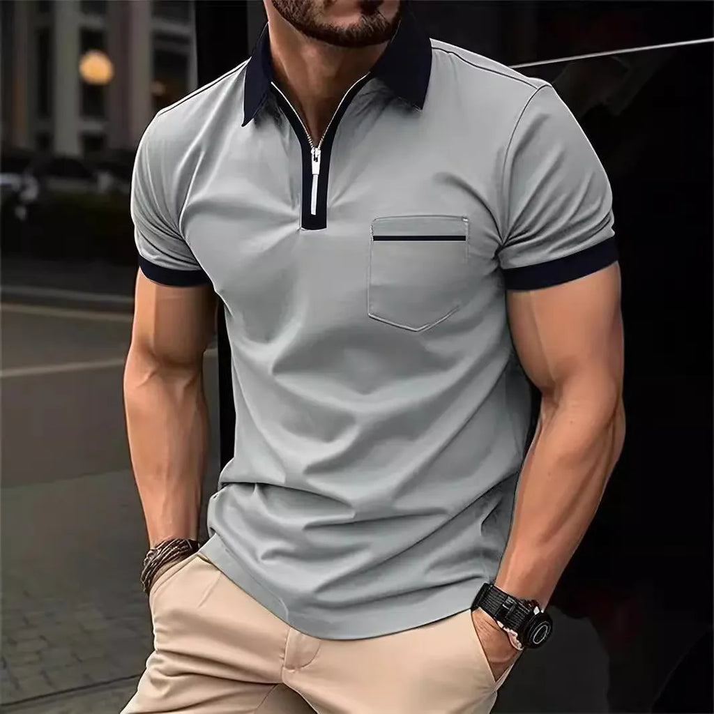 Men's casual short sleeve shirt with chest pocket and zip decorations in multiple colour options