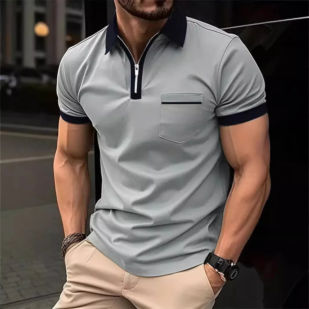 Men's casual short sleeve shirt with chest pocket and zip decorations in multiple colour options