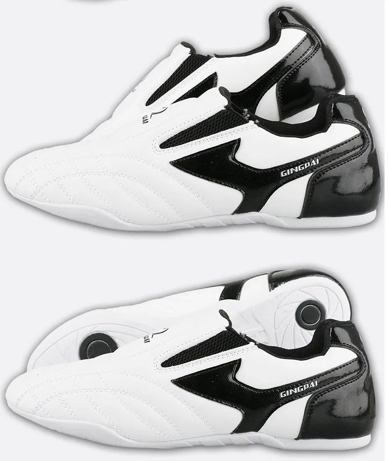 Black and white children's martial arts training shoes with soft bottom and widened design