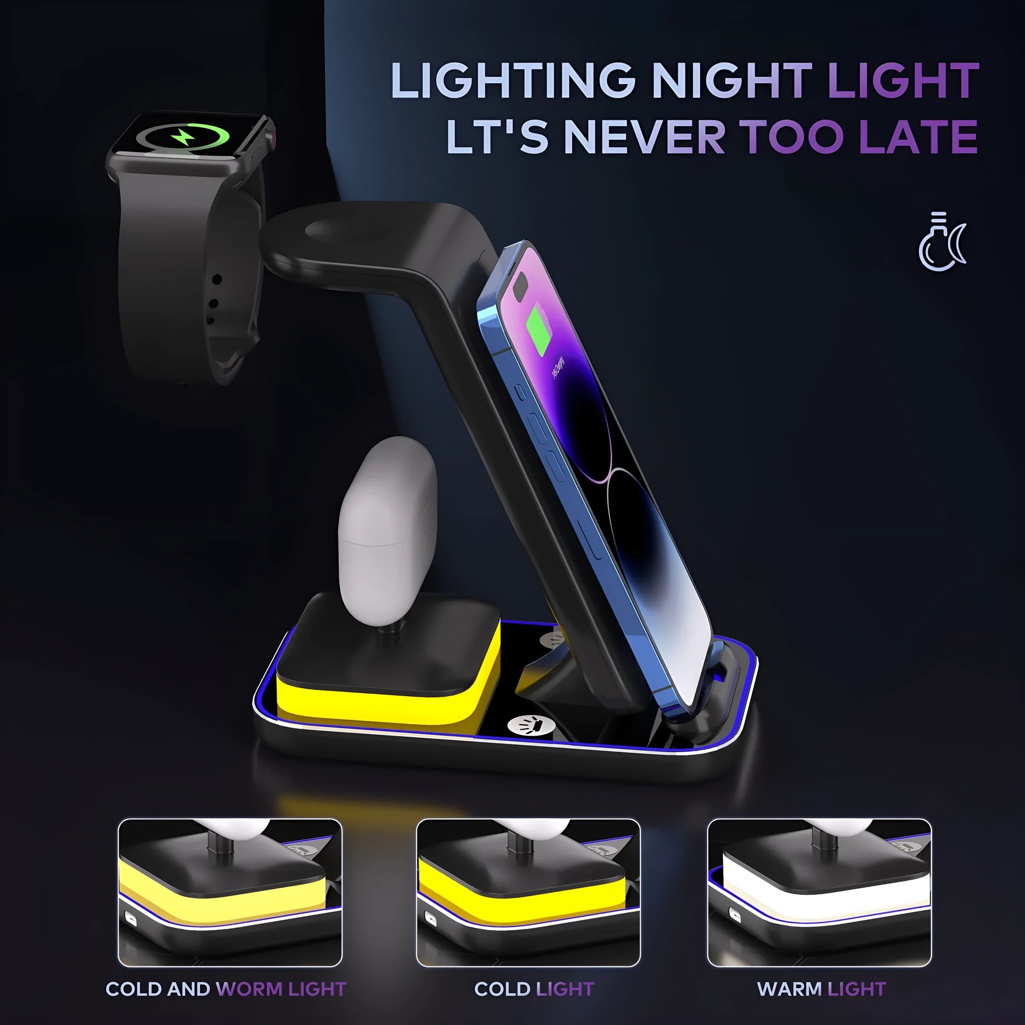 Black vertical wireless charging stand holding a mobile phone and a smartwatch on its base.