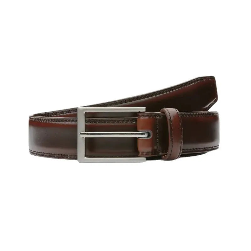 Men's brown genuine leather belt with 95 grain texture and metal alloy buckle laid flat.