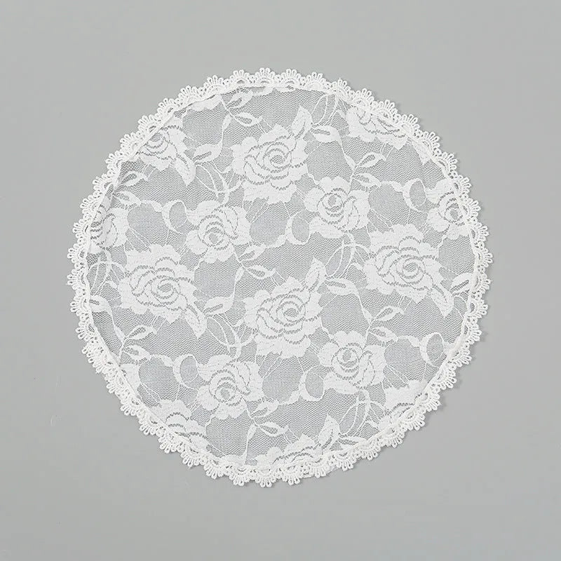 Round white wedding head cover with floral appliqué decoration measuring 30cm diameter