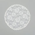 Round white wedding head cover with floral appliqué decoration measuring 30cm diameter