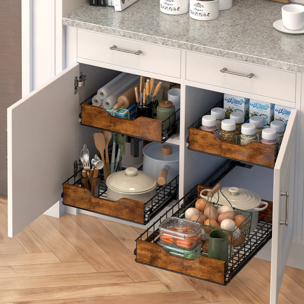 Black wooden and iron pull basket storage rack for modular home organisation.