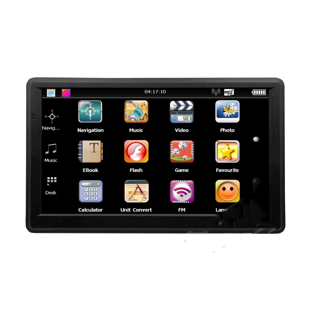 7 inch portable car GPS navigation device with HD touch screen on a dashboard bracket.