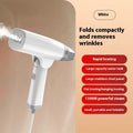 Blue and white handheld garment steamer with water tank and power cord on a white background.