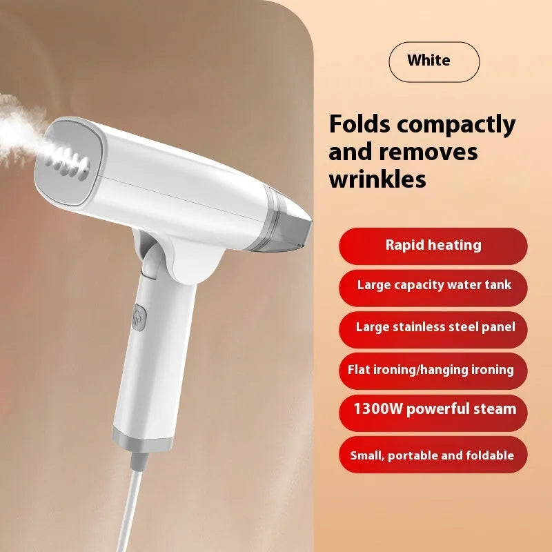 Blue and white handheld garment steamer with water tank and power cord on a white background.