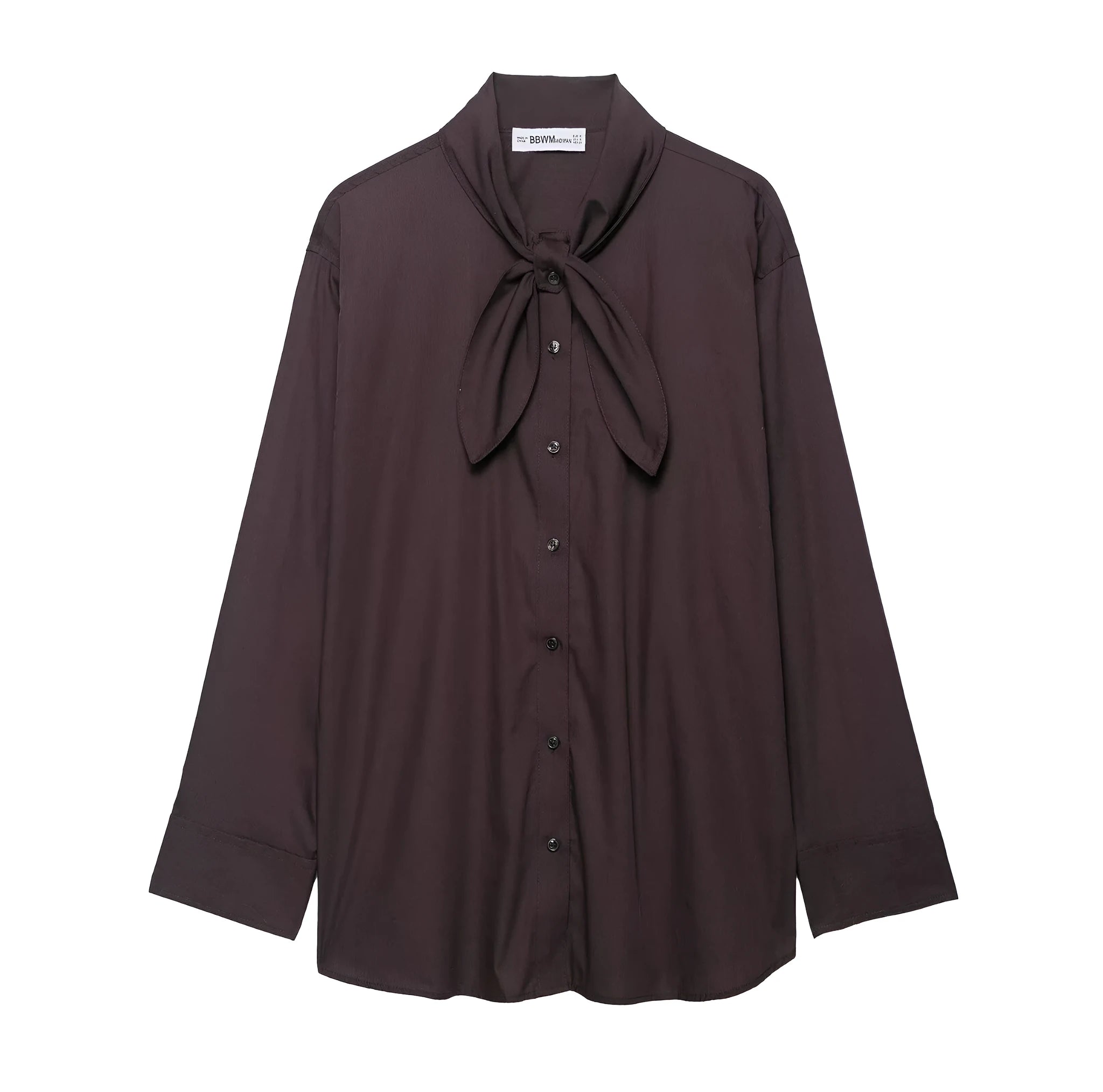 Brown women's polyester poplin shirt with long sleeves and scarf bow tie detail