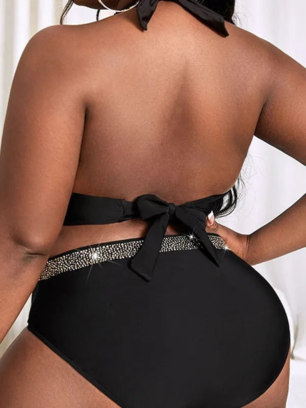Black plus size women's swimsuit bikini with two-piece design on mannequin showing front view