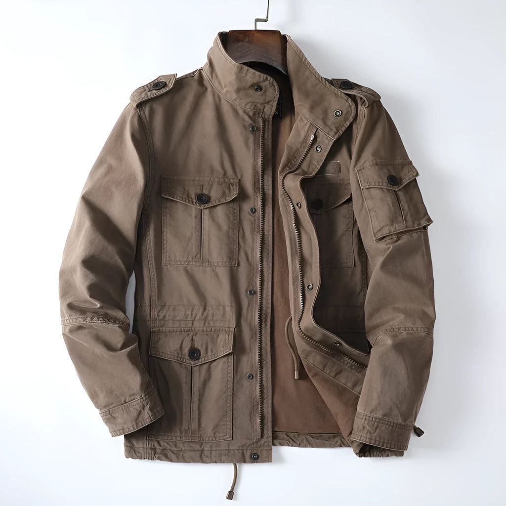 Men's loose-fit cotton zip-up jacket in a retro style shown in light coffee colour