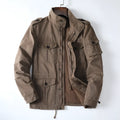 Men's loose-fit cotton zip-up jacket in a retro style shown in light coffee colour