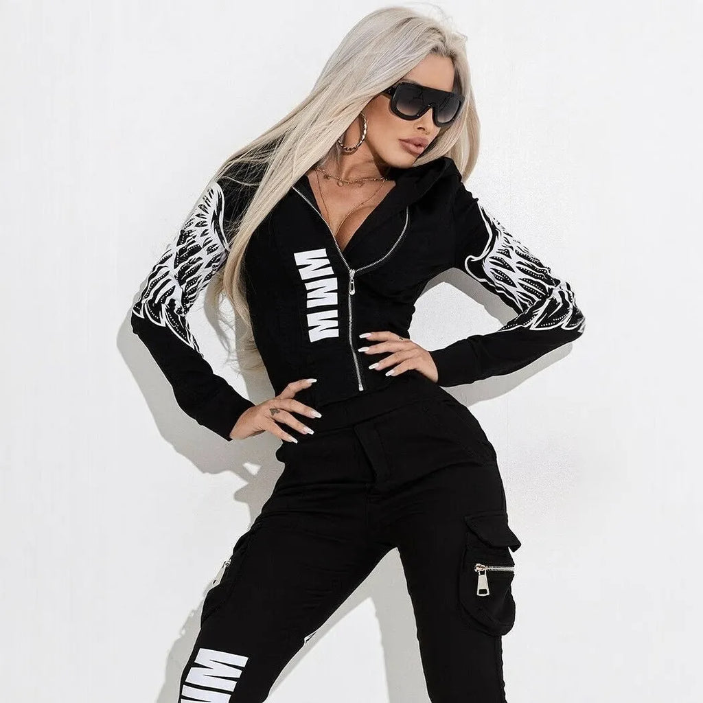 Black women's casual suit with printed hooded jacket and matching trousers.