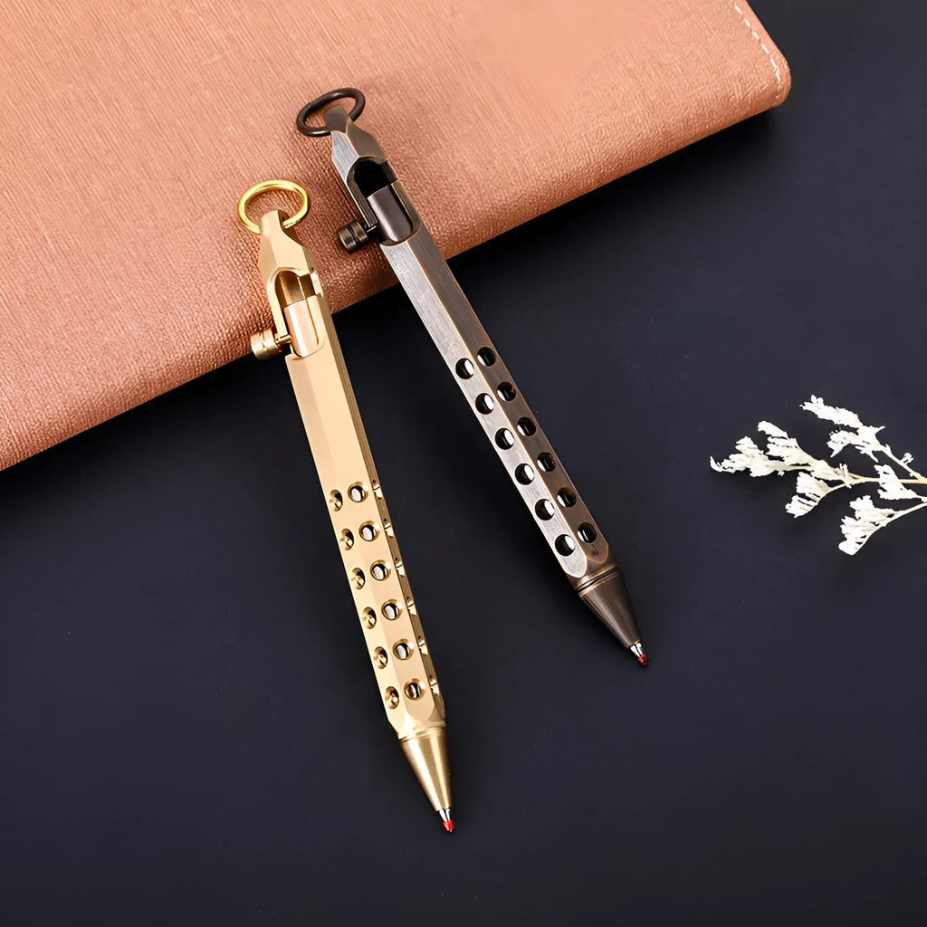 Brass hexagonal bolt pen with six-angle barrel showing brass natural colour finish
