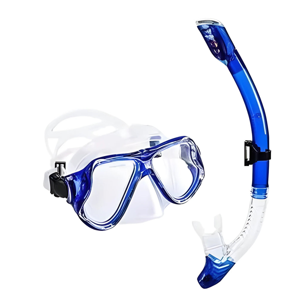 Black diving goggles with anti-fog lens, PC frame, adjustable buckle, and silicone strap for snorkeling.
