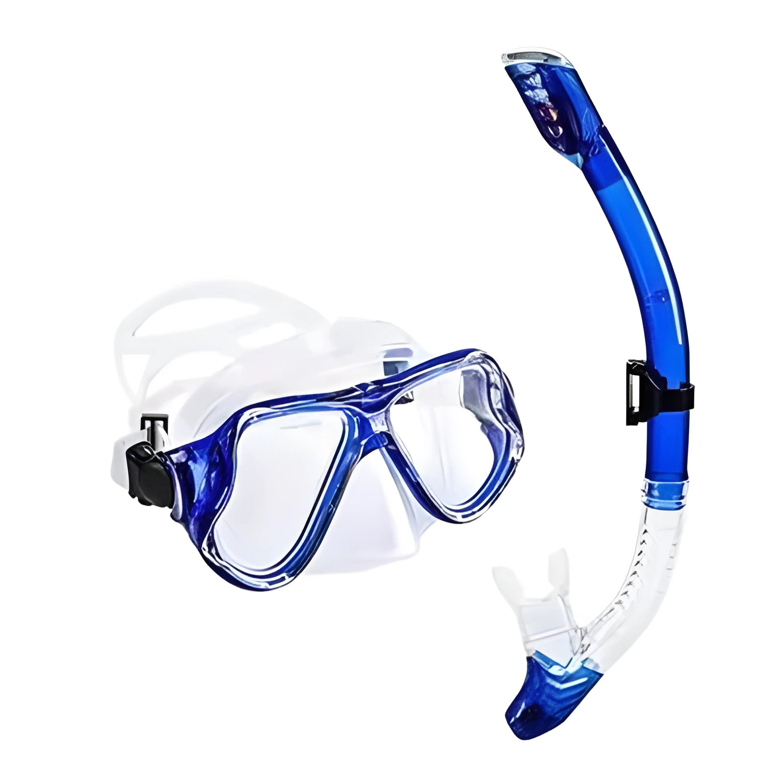 Black diving goggles with anti-fog lens, PC frame, adjustable buckle, and silicone strap for snorkeling.