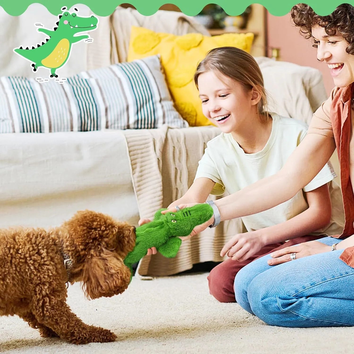 Dark green plush crocodile dog toy with squeaker for aggressive chewers measuring 20cm long