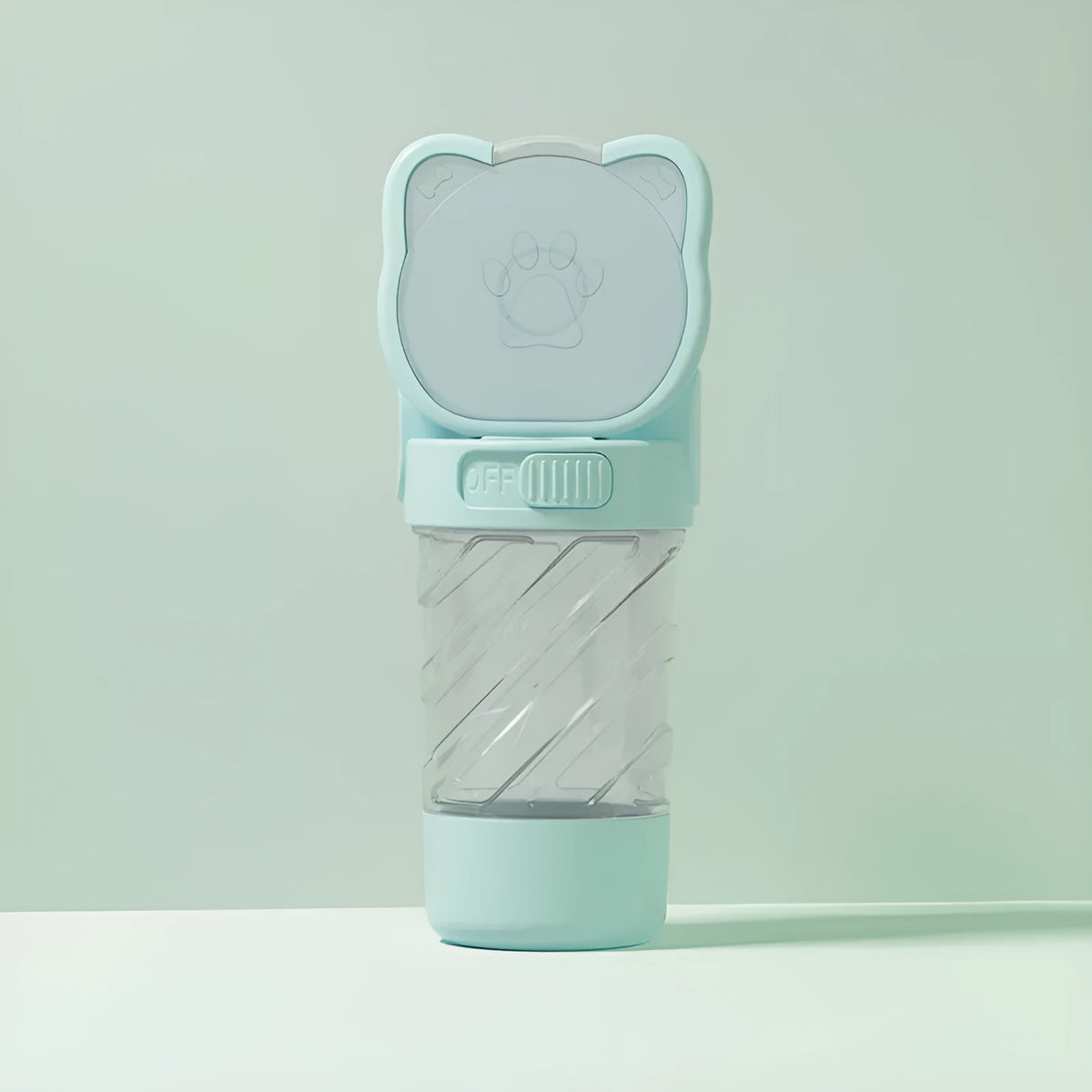 Green, pink, and white 3-in-1 portable pet water bottle with food container and bag dispenser