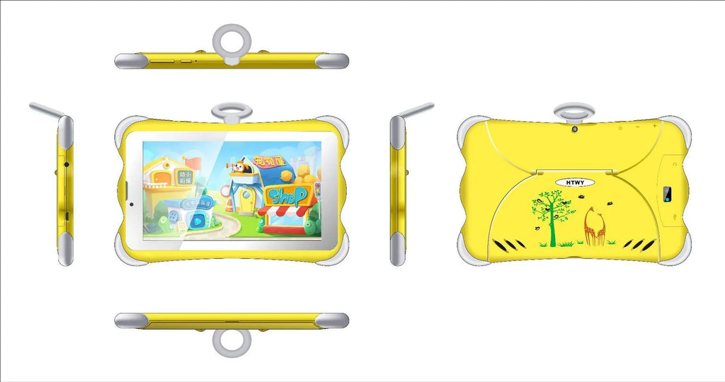 Cartoon-coloured 7-inch children's learning tablet with a protective stand on a table.