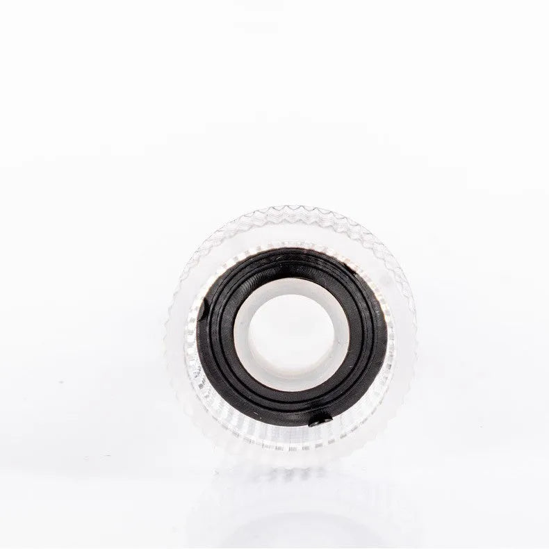 Transparent plastic inlet joint connector for Karcher pressure washers showing filter screen inside