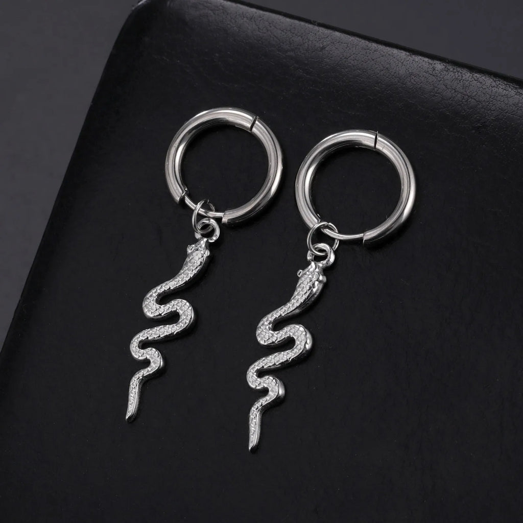 Snake-shaped vintage clip-on earrings in gold or steel colour on stainless steel